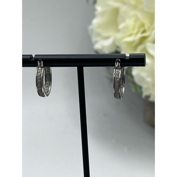 Designer HAN 925 Sterling Silver Pave Glitter Inside Outside Hoop Earrings - Picture 6 of 15